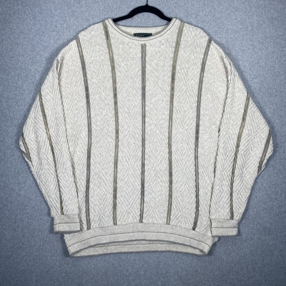 Vintage Croft & Barrow Sweater Mens XL Beige Striped Textured Knit Crewneck USA